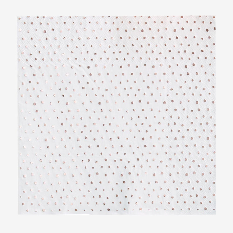 16 white paper napkins with metallic rose gold polka dots