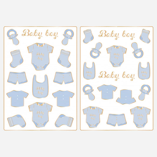 Decoración baby shower niño: 30 pegatinas azul bebé niño, body y chupete