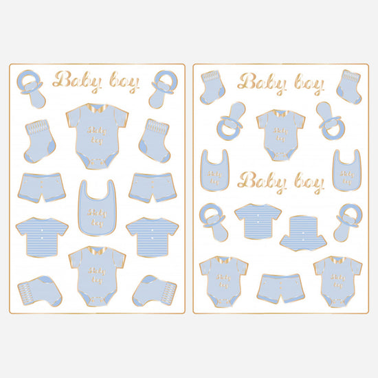 Baby shower boy decoration: 30 blue baby boy stickers, bodysuit and pacifier