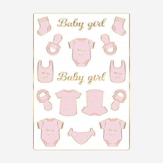 Déco baby shower fille  : 30 stickers baby girl roses, body et tétine