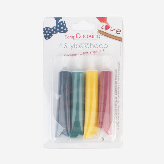 4 brightly colored chocolate pens for decorating birthday cakes