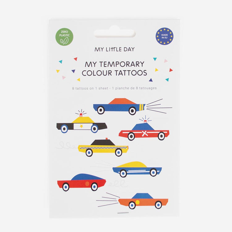 Tatouages éphémères voiture ecoresponsables : cadeau pochette anniversaire enfant