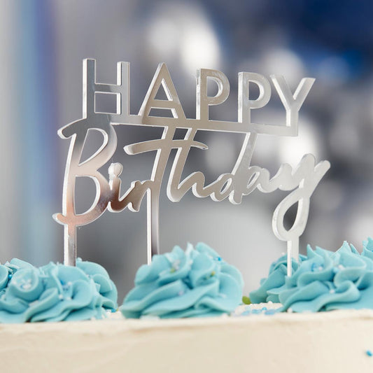 Decoración de pastel de cumpleaños: topper de rayo de jengibre de feliz cumpleaños plateado