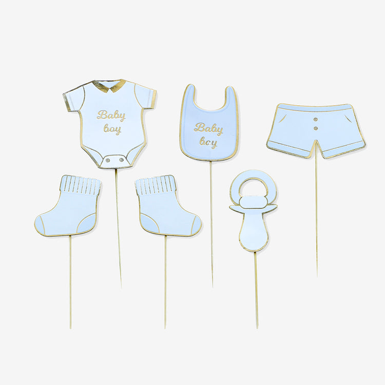 Baby shower garcon : 6 toppers baby boy pour table de baby shower bleue