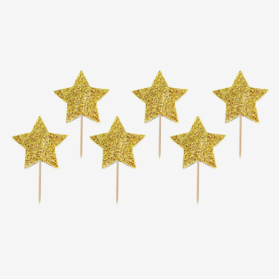 12 toppers étoiles dorées à paillettes pour décorer un gateau de fête
