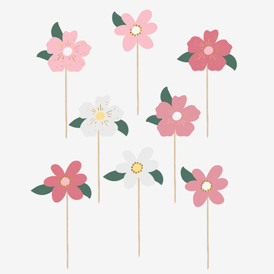 8 toppers fleurs rose et blanc pour décorer votre gateau de fête