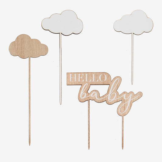 Toppers hello baby nube en madera y blanco: decoración para tarta de baby shower