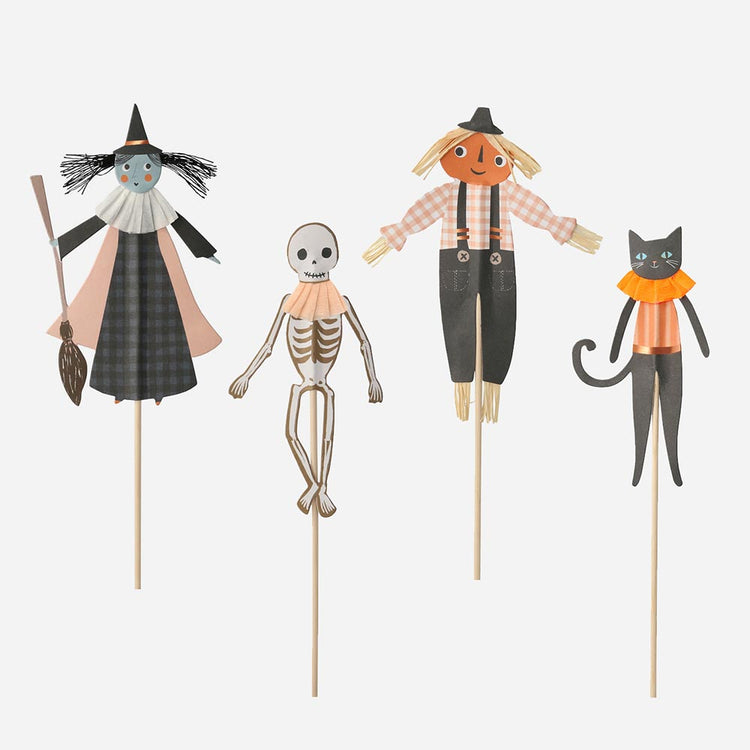 Toppers de bruja, esqueleto, calabaza y gato para decoración de Halloween