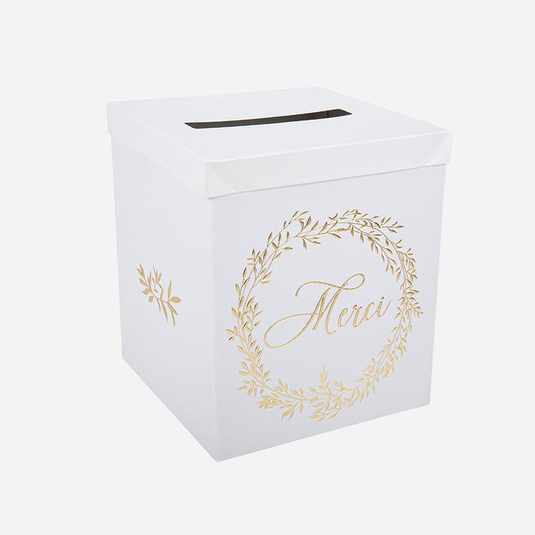 Decoración de boda: urna de boda blanca y dorada para sobres y dulces palabras