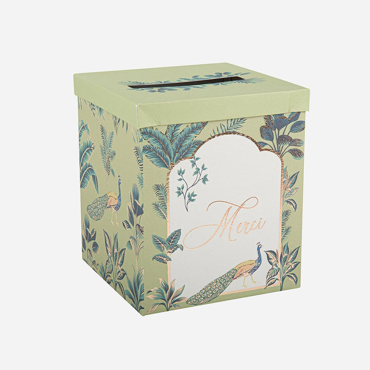 Wedding decor: tropical peacock wedding urn for envelopes and sweet words
