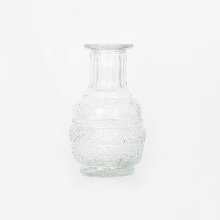 Déco table de mariage : vase gravures ancienne en verre pour compos florales